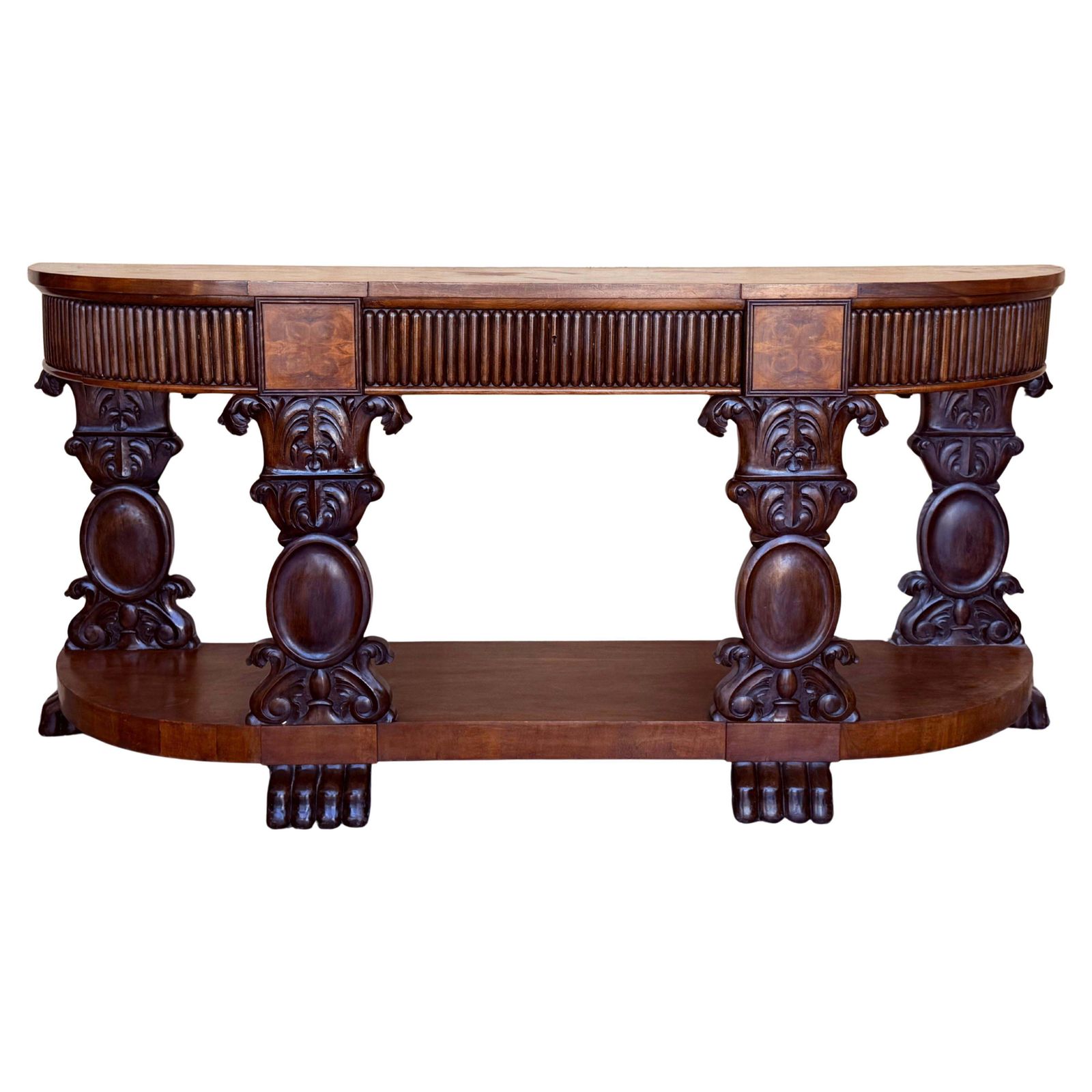 English Carved Console With Book Matched Veneer And Three Drawers