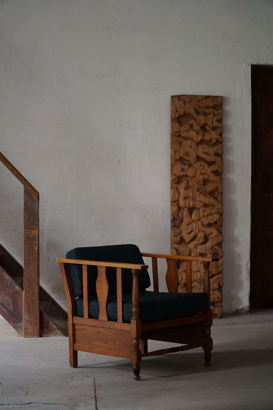 photo for sale Art Nouveau, Pair Of Lounge Chairs In Oak, Reupholstered In Style Fabric, 1920s