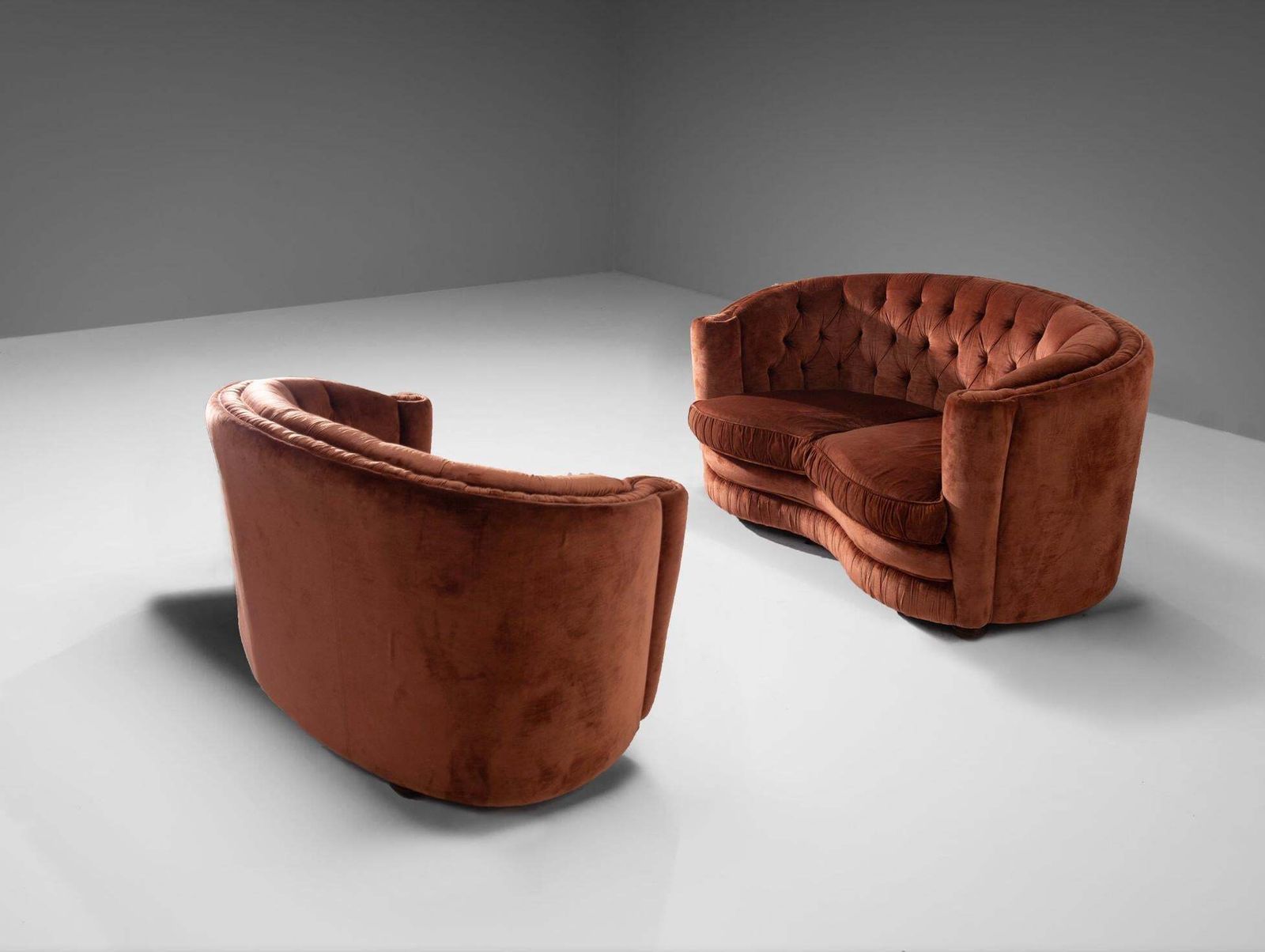 Pair Of Italian Sofas In Orange Capitonné Velvet In Art Deco Style photo Furniture