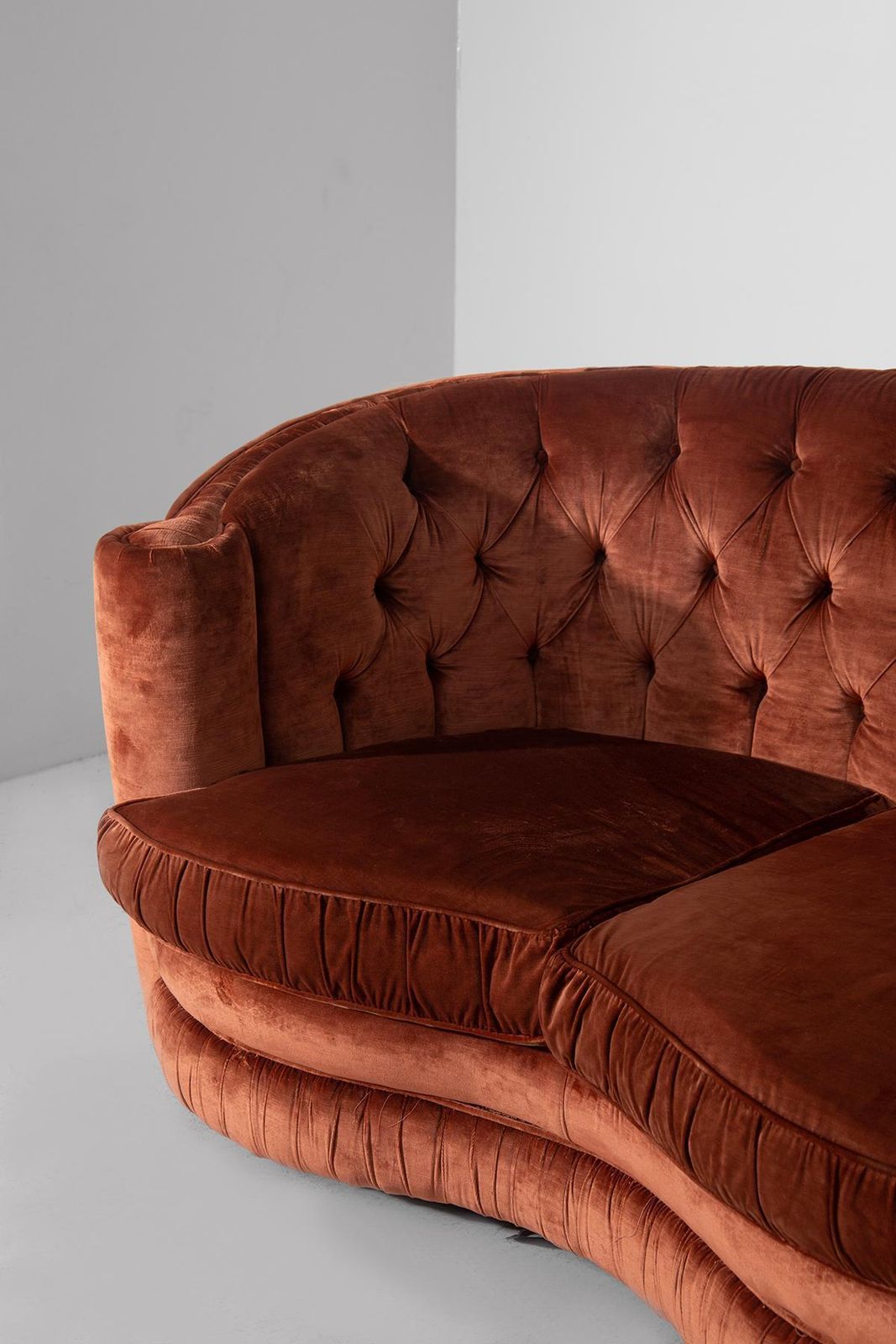 Pair Of Italian Sofas In Orange Capitonné Velvet In Art Deco Style photo vinterior