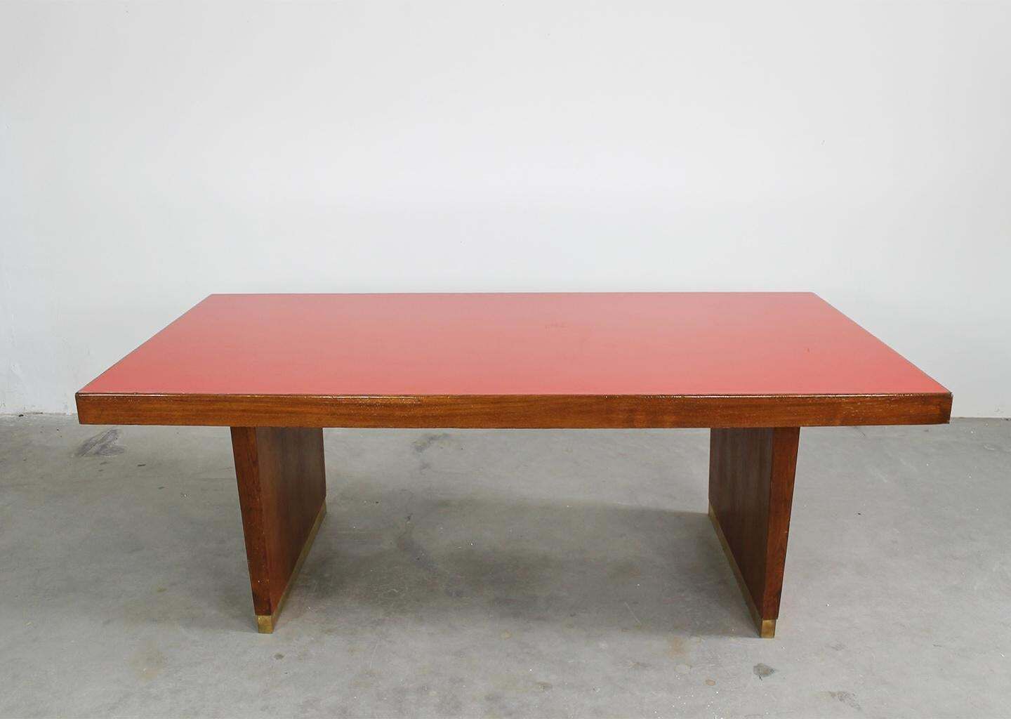 Table In Oak Brass And Red Laminate Italian Manifacture 1950s Gio Ponti photo for sale