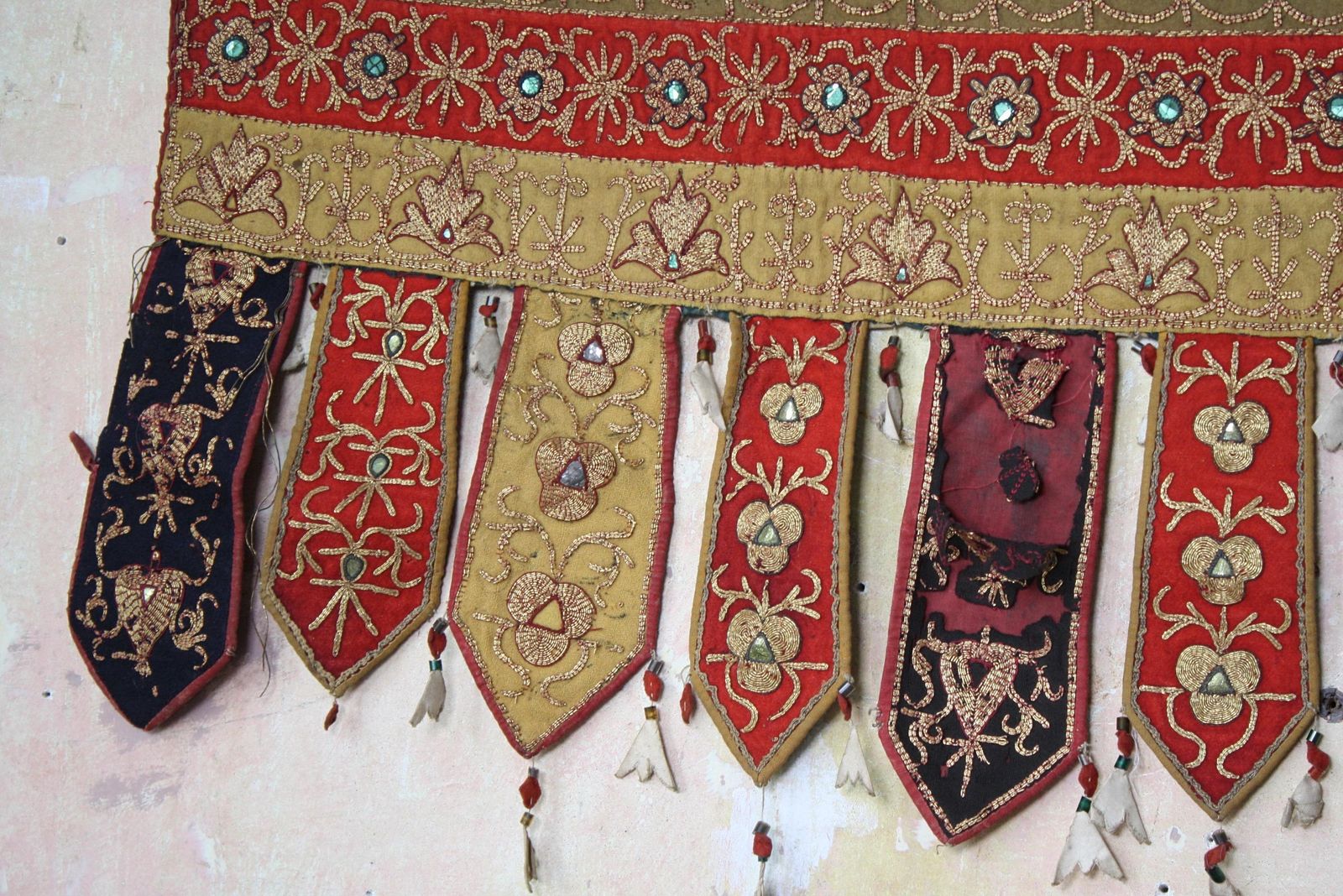 Pair Of Early 20th C Afghan Bejewelled & Gold Thread Embroidered Door Pelmets photo Textiles