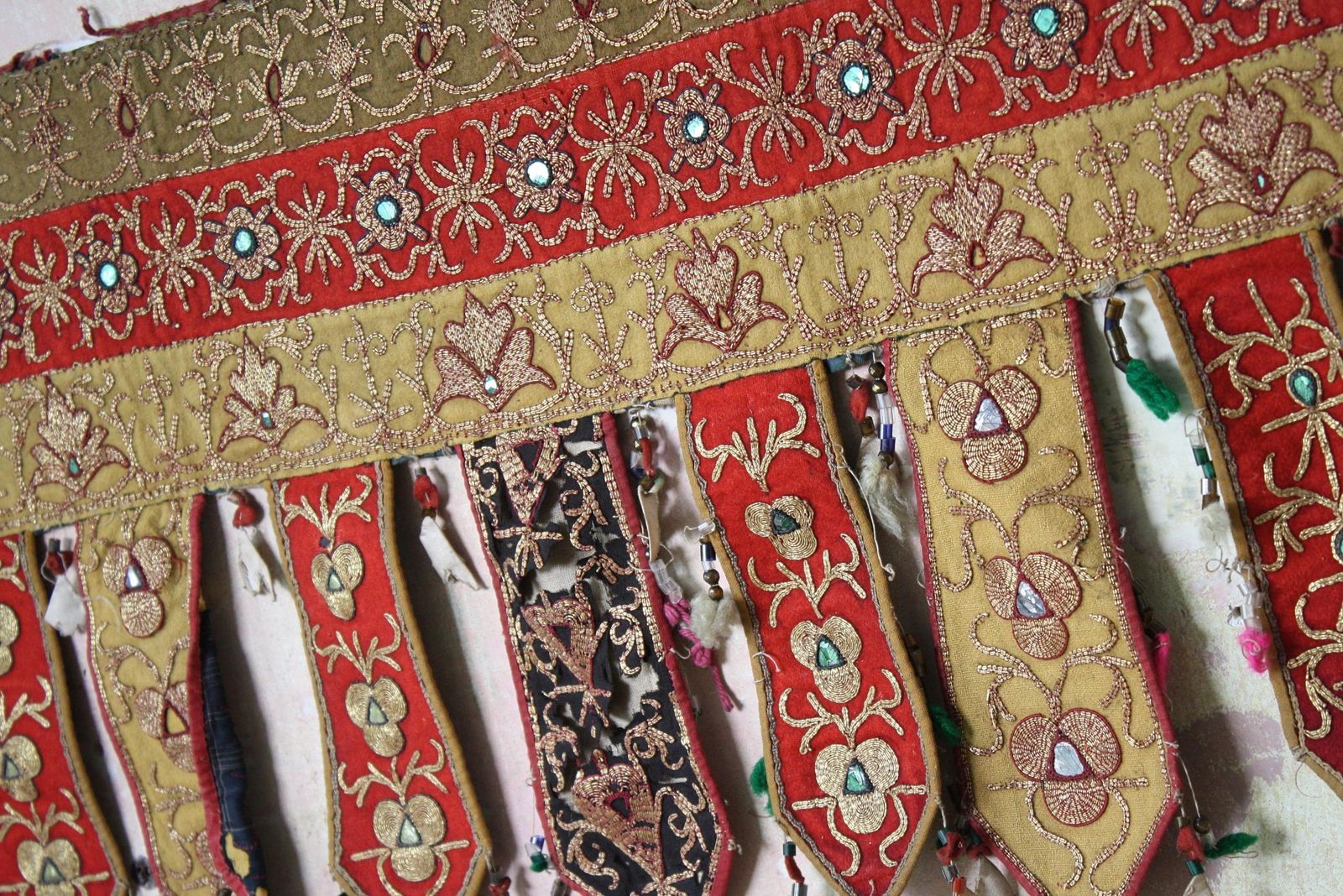 Pair Of Early 20th C Afghan Bejewelled & Gold Thread Embroidered Door Pelmets photo vinterior
