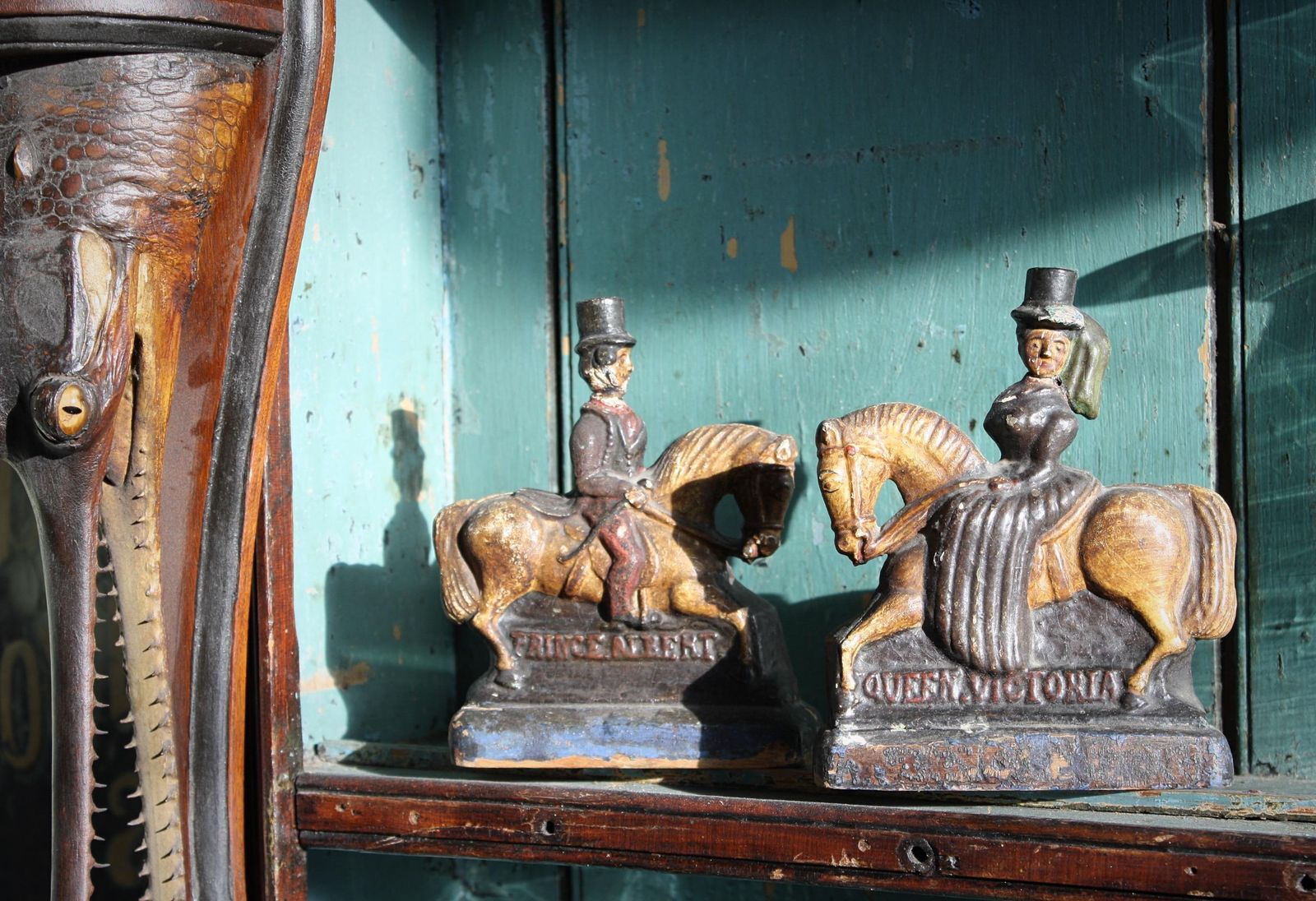 photo furniture Circa 1850 Folk Art Carvings Of Queen Victoria & Prince Albert On Horseback
