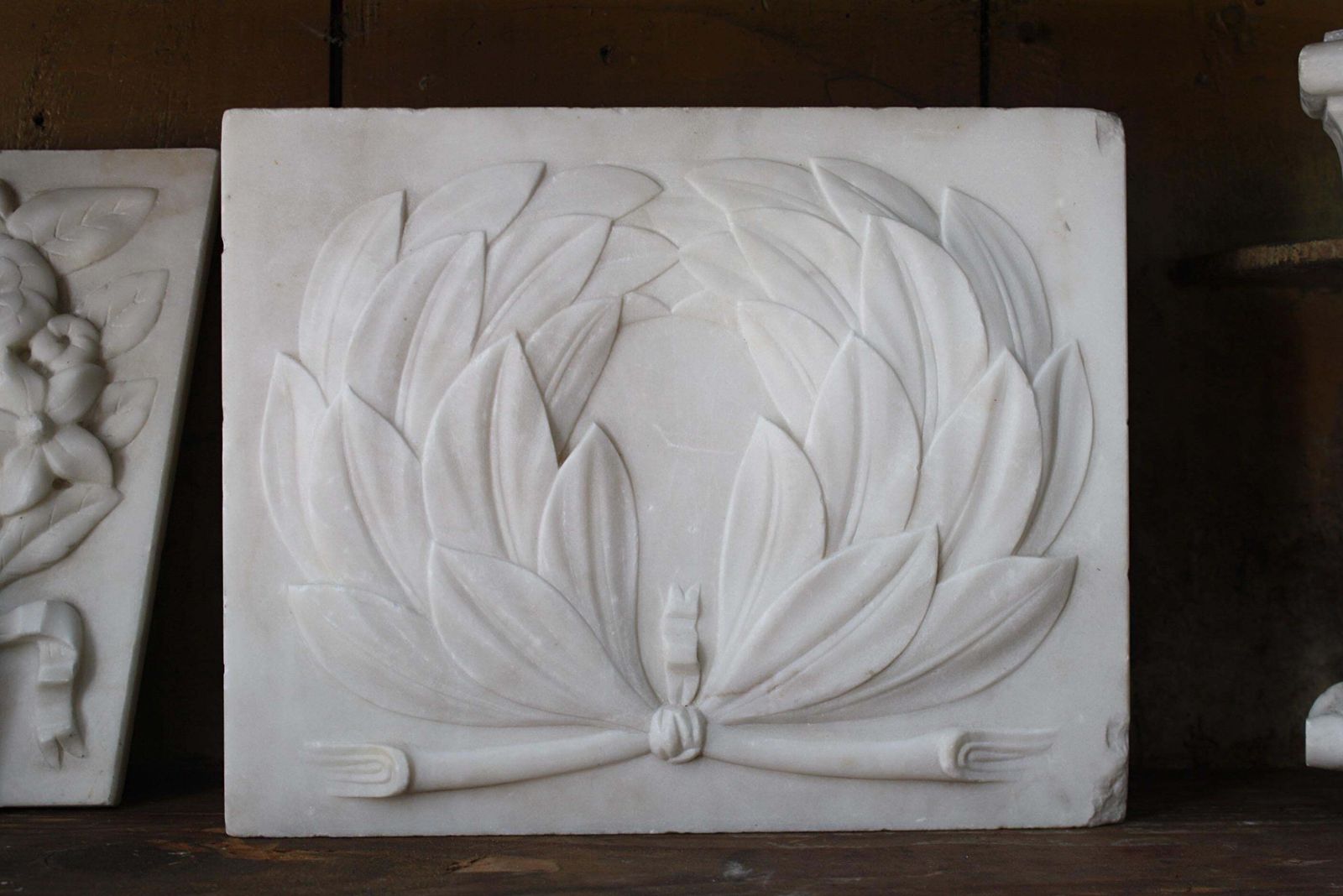 18th C Pair Of Carved Marble Tablets Greek Laurel Wreaths Architectural Elements photo Home Decor