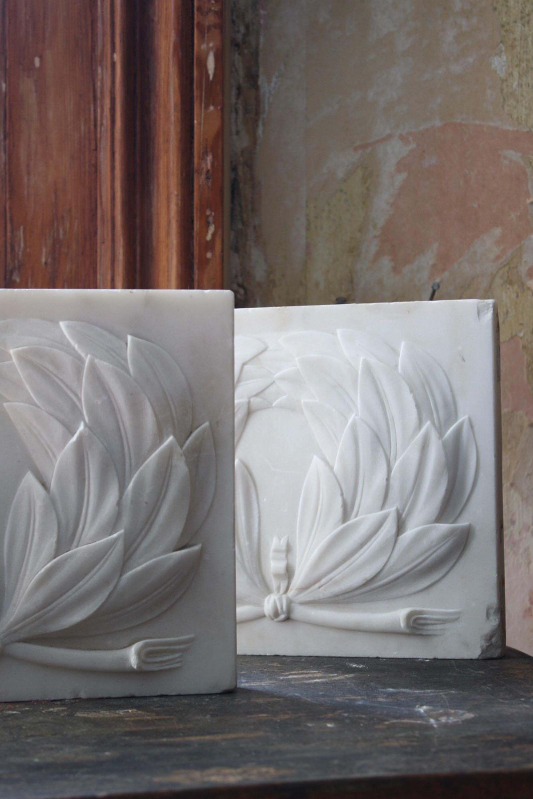 18th C Pair Of Carved Marble Tablets Greek Laurel Wreaths Architectural Elements photo 1422.0