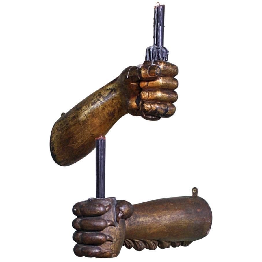 18th Century, Carved & Gilt Wall Sconces Lion Paw, Human Fist Ship Flag Mount