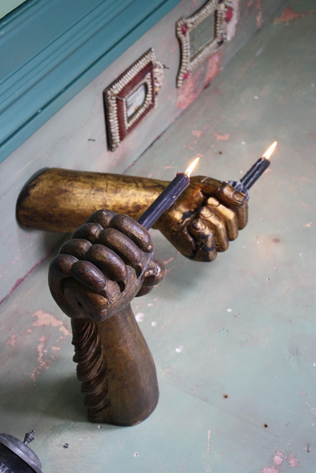 18th Century, Carved & Gilt Wall Sconces Lion Paw, Human Fist Ship Flag Mount photo for sale