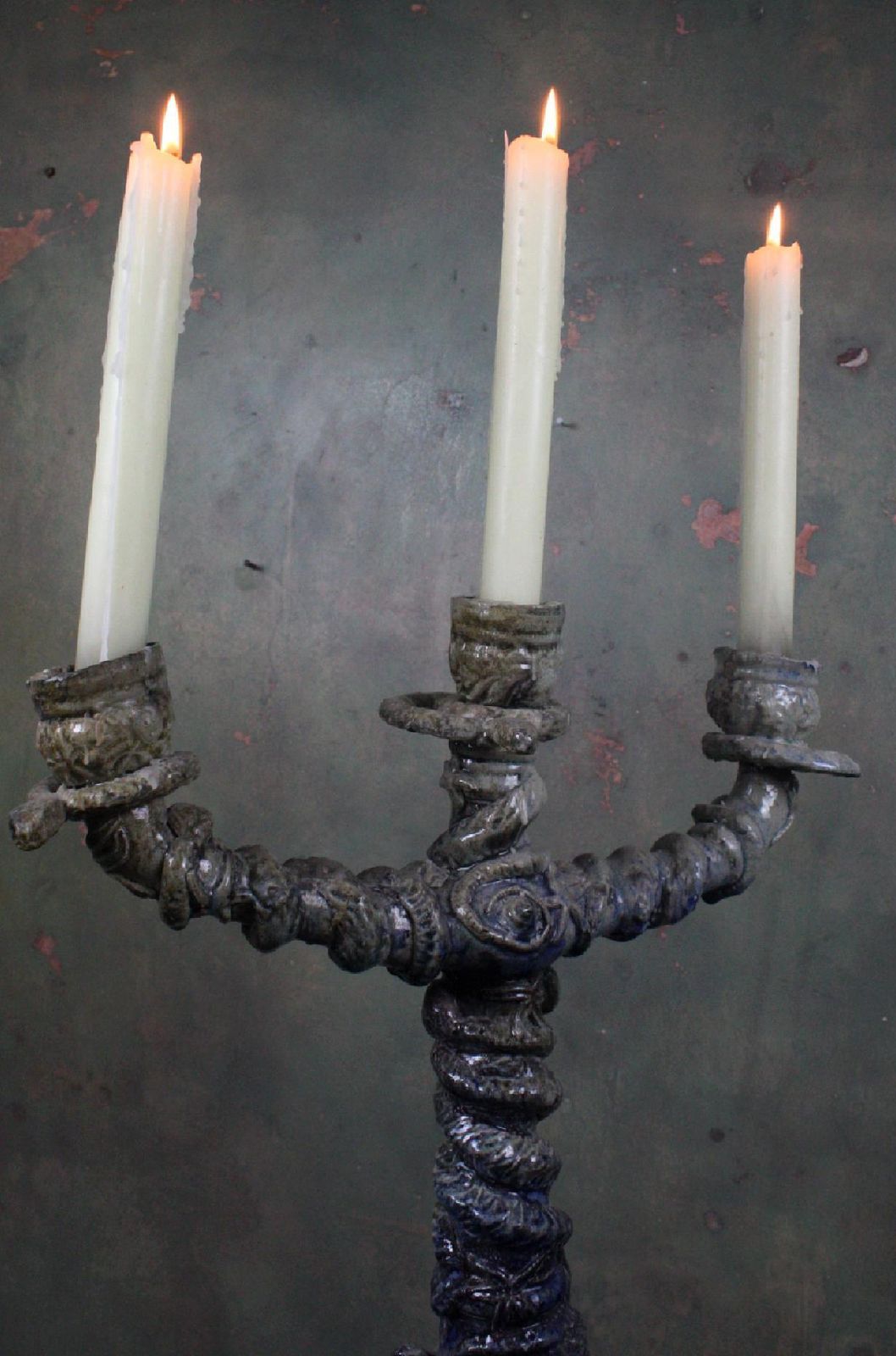 20th Century Huge Ceramic Candelabra In The Manner Of Palissy Serpents Lizards photo vintage