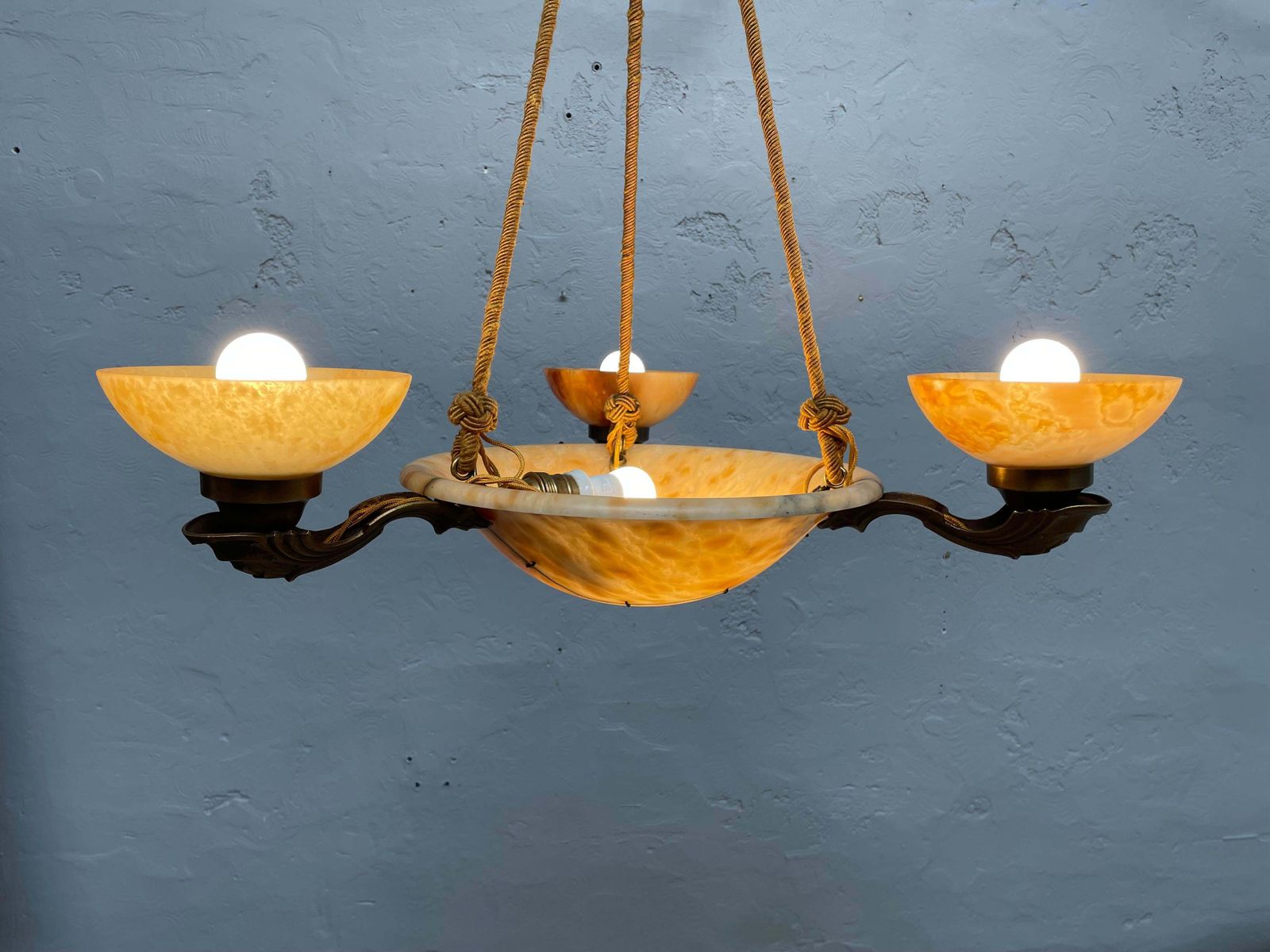 Antique Alabaster Art Deco Plafonnier Chandelier With 4 Shades photo furniture