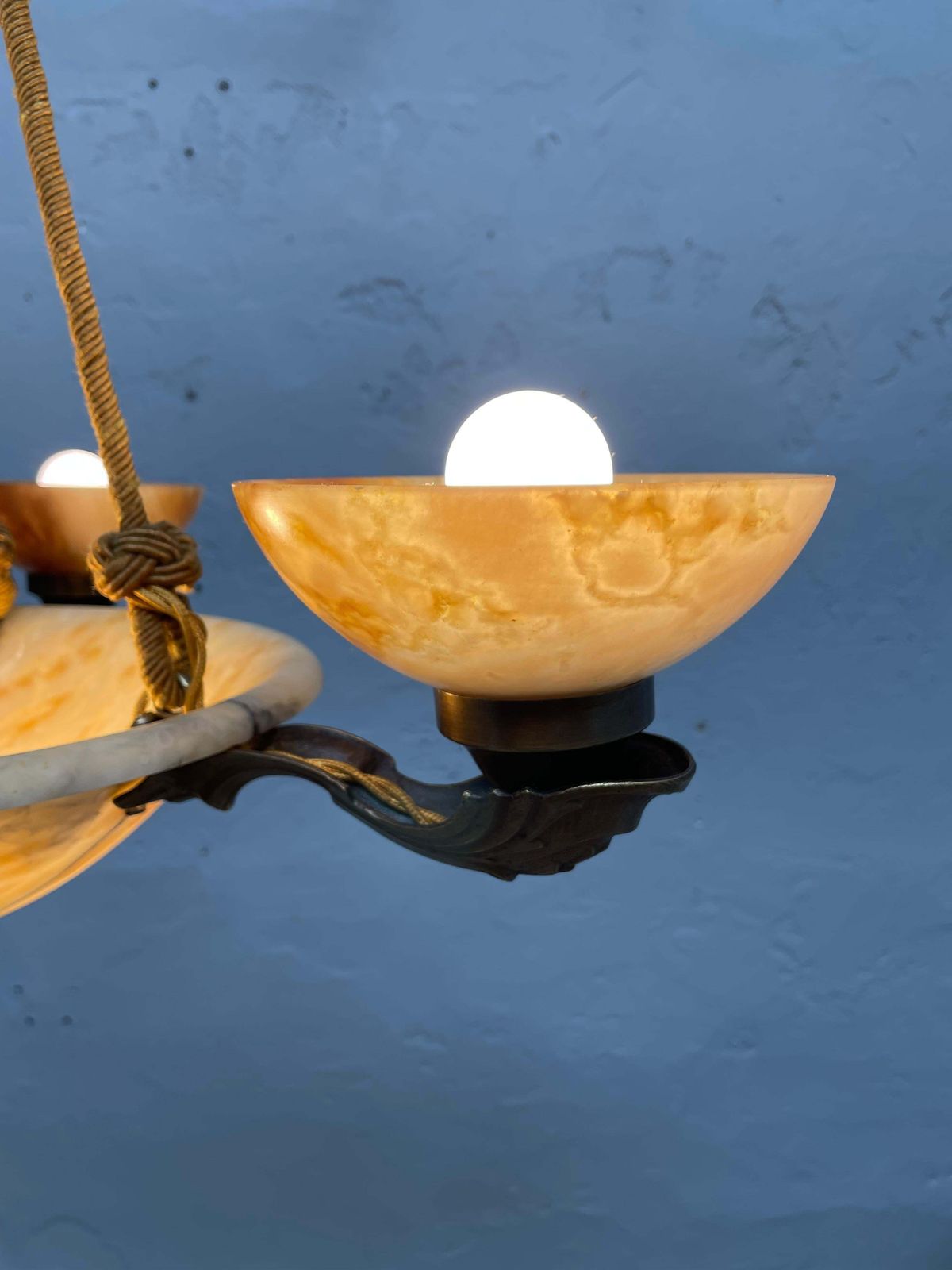 Antique Alabaster Art Deco Plafonnier Chandelier With 4 Shades photo for sale