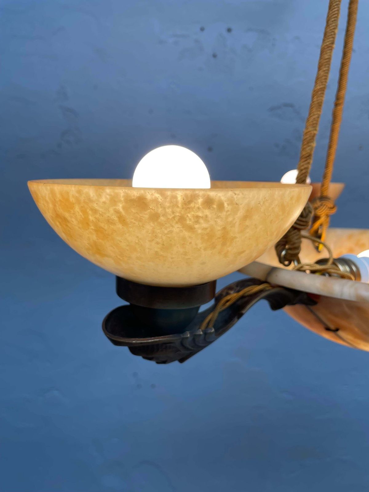 Antique Alabaster Art Deco Plafonnier Chandelier With 4 Shades photo Lighting