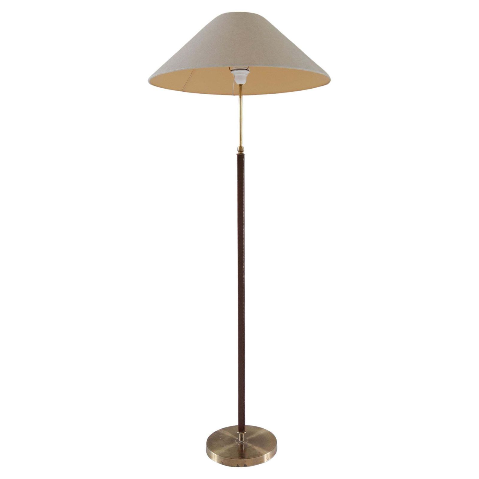Mid Century Brass Brown Leather Floor Lamp Falkenbergs Belysning, Sweden, 1960s