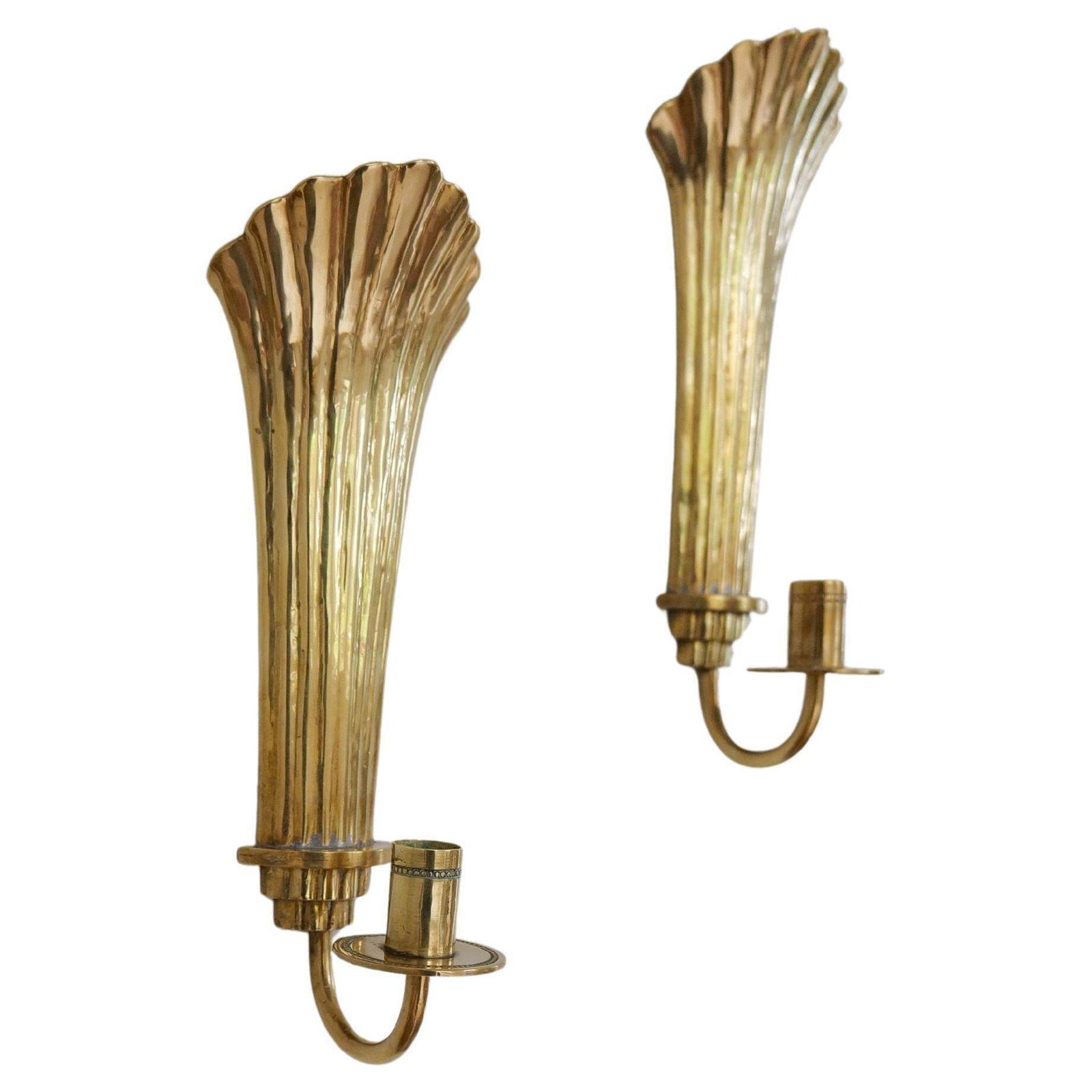 Art Deco Pair Of Brass Wall Candlesticks Holmström, Arvika, Sweden, 1940s