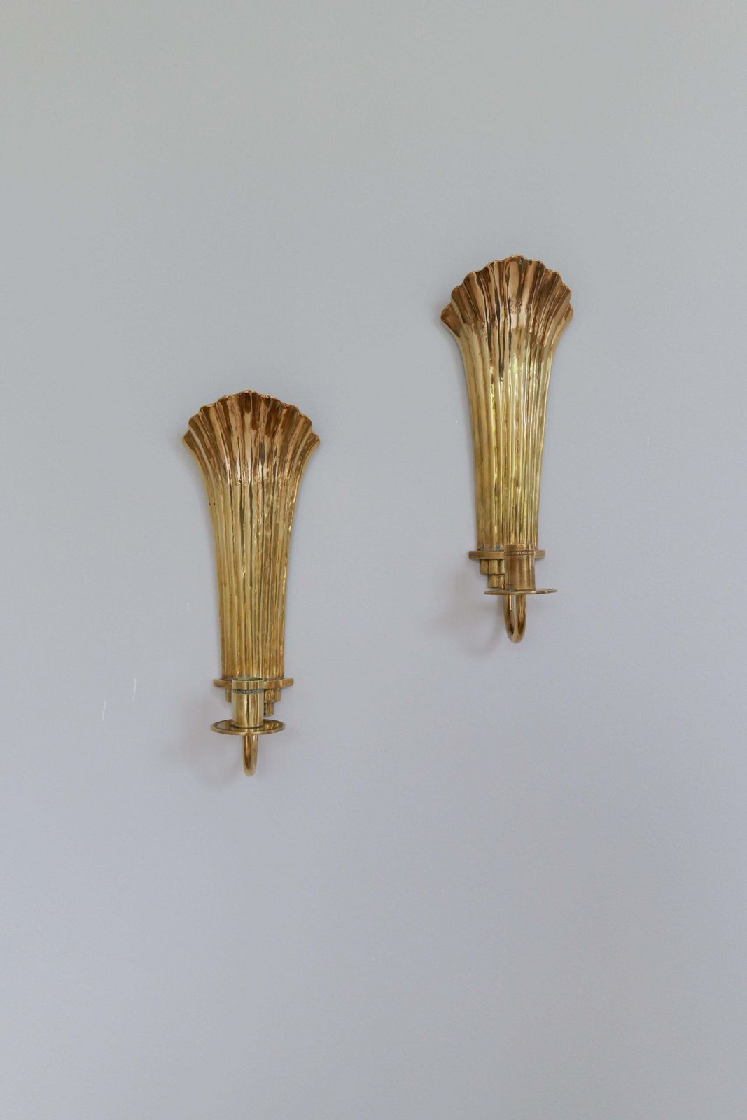 Art Deco Pair Of Brass Wall Candlesticks Holmström, Arvika, Sweden, 1940s photo for sale