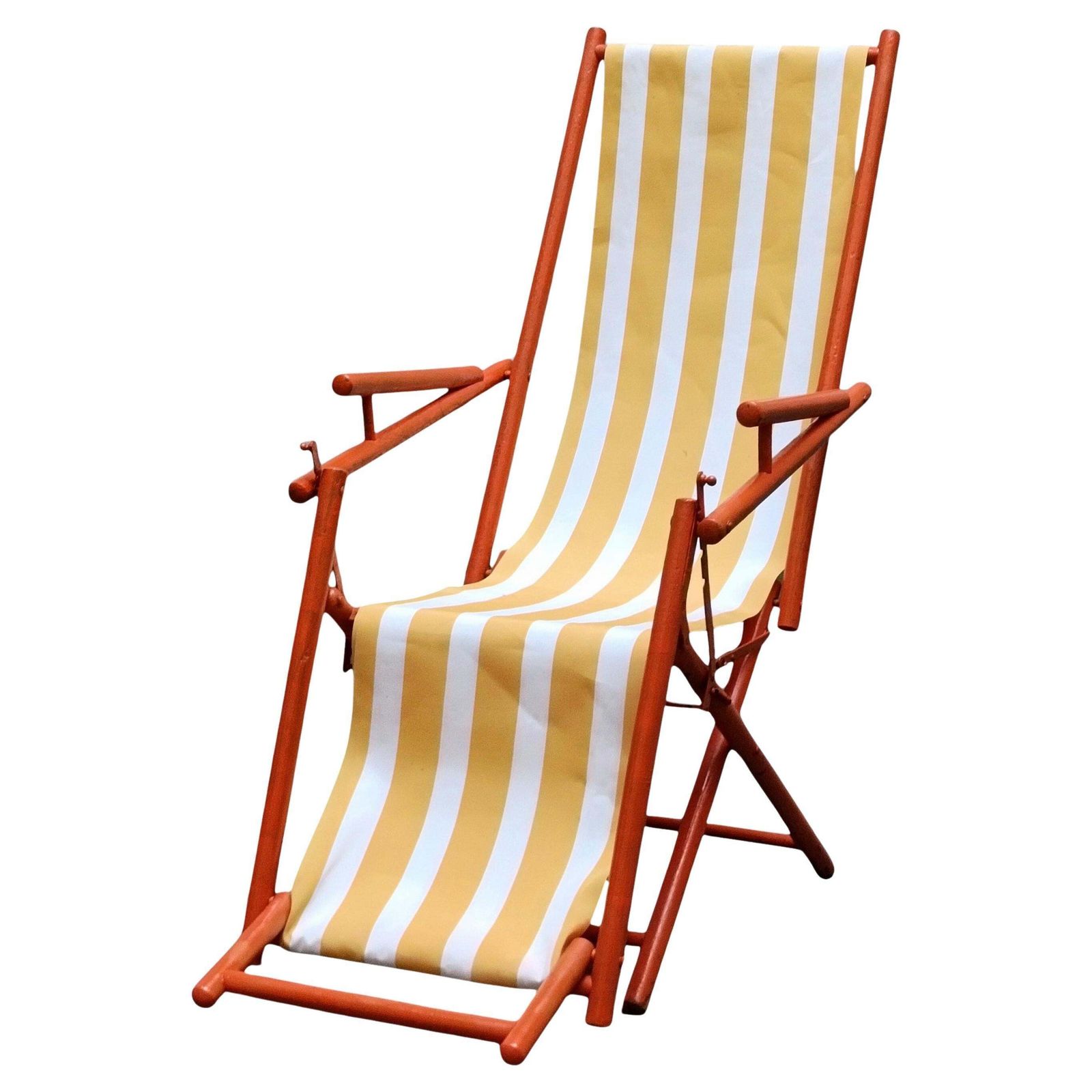Folding Deck Chair In Stained Wood And Fabric, Italy 1930s