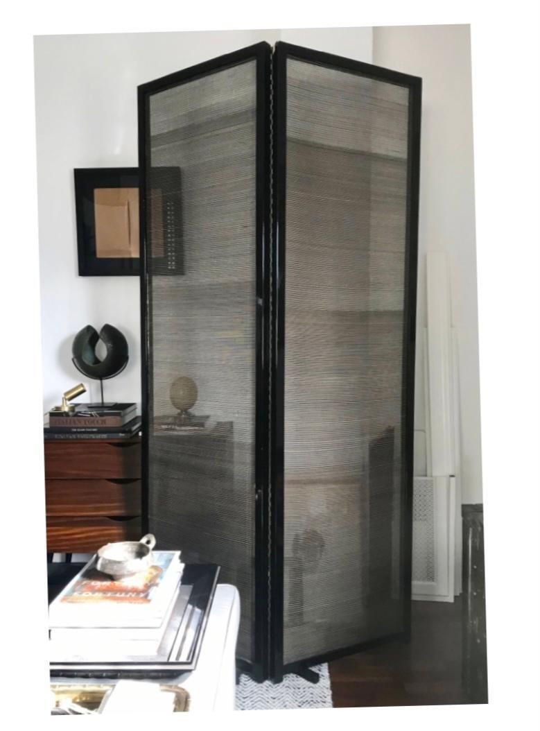 Elegant Folding Screen In Black Lacquered Wood And Natural Reed, Italy 70s photo vinterior