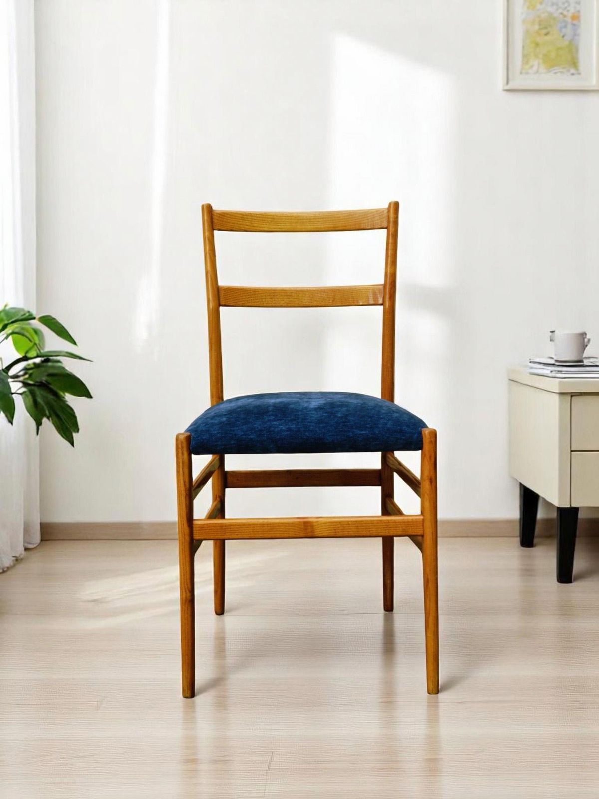 Gio Ponti Chair Mod. "646 Leggera" In Wood And Blue Fabric, Italy 1960s photo vinterior