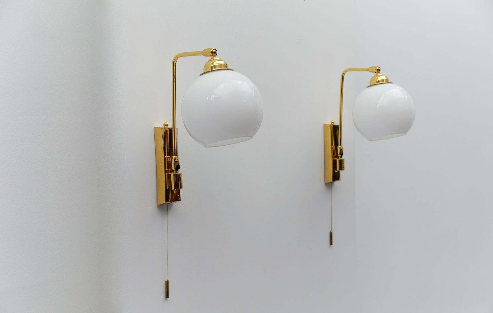 Pair Of Lovely Mid Century Modern Wall Lamps In Brass And Milk Glass, 1960s photo Lighting