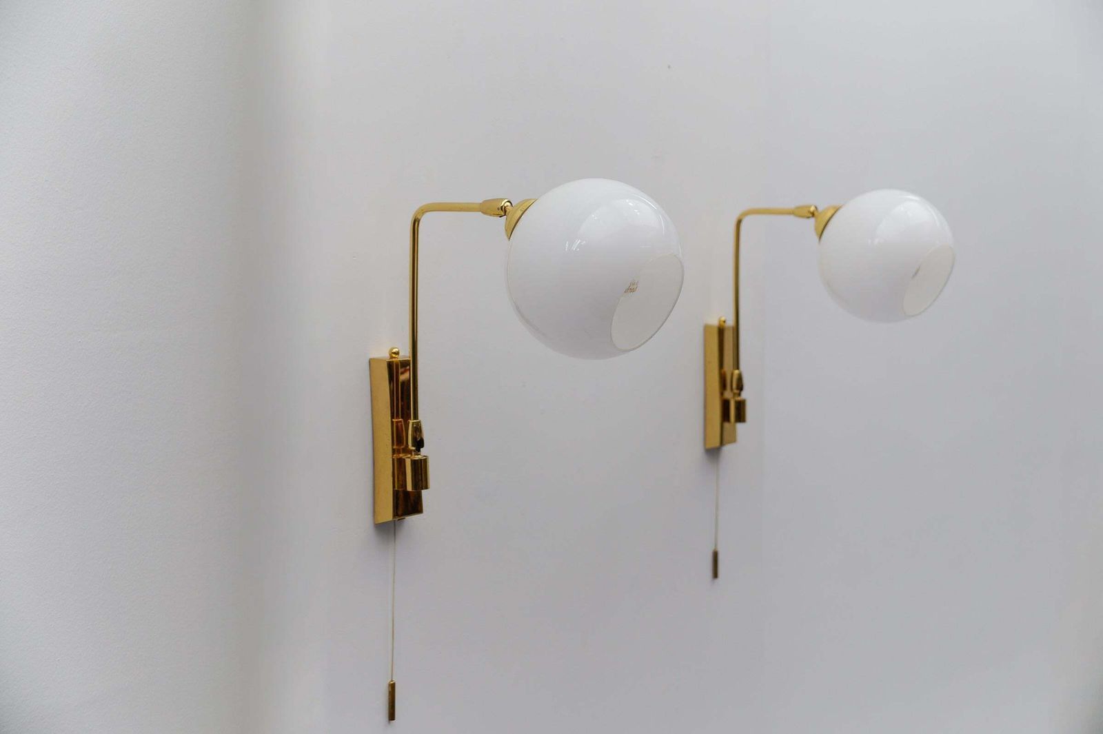 Pair Of Lovely Mid Century Modern Wall Lamps In Brass And Milk Glass, 1960s photo vinterior