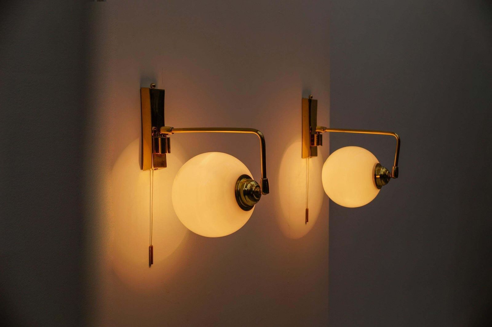 photo for sale Pair Of Lovely Mid Century Modern Wall Lamps In Brass And Milk Glass, 1960s