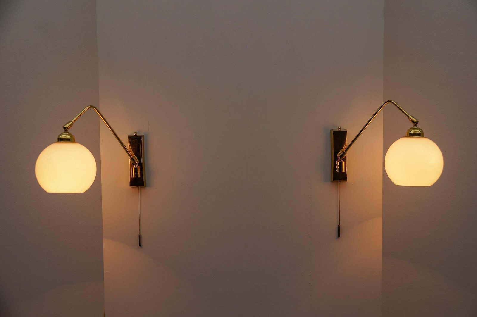 1552.0 Pair Of Lovely Mid Century Modern Wall Lamps In Brass And Milk Glass, 1960s photo