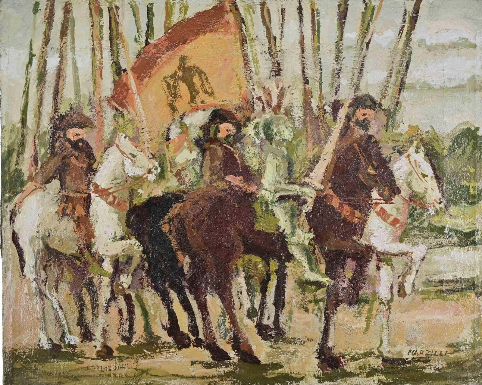 Franco Marzillihorses And Knights With Banners   Oil Painting By Franco Marzilli   1970s1970s