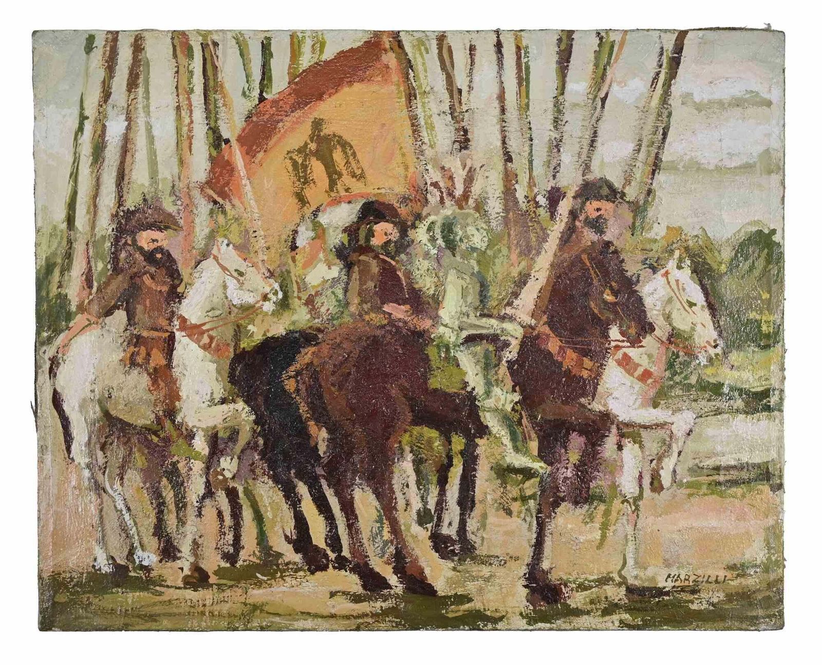Franco Marzillihorses And Knights With Banners   Oil Painting By Franco Marzilli   1970s1970s photo furniture