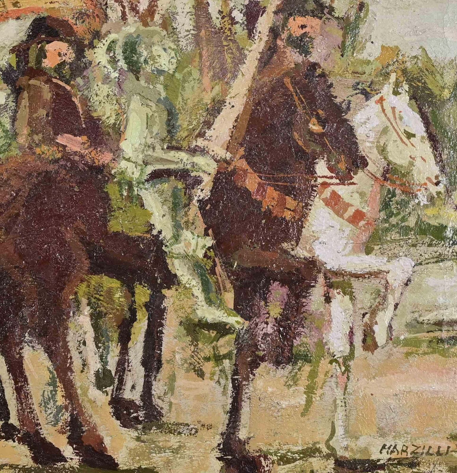 Franco Marzillihorses And Knights With Banners   Oil Painting By Franco Marzilli   1970s1970s photo for sale