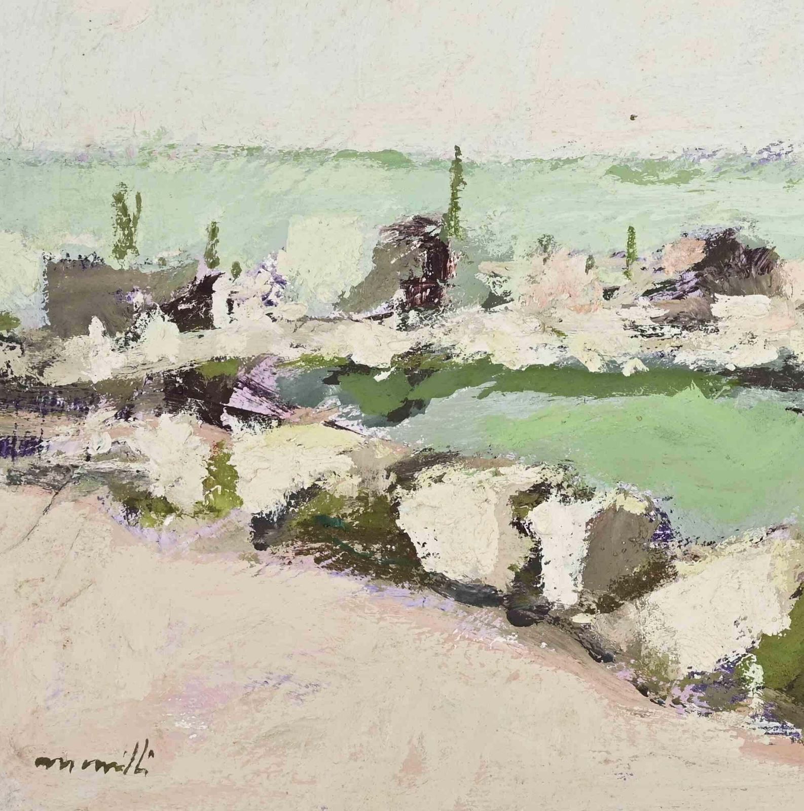Franco Marzilliseaside   Oil Painting By Franco Marzilli   1970s1970s photo for sale