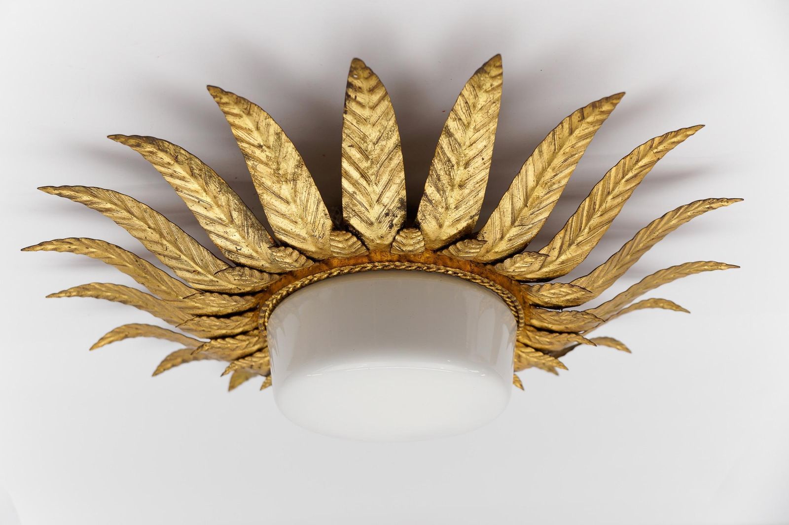 Rare Mid Century Modern Sunburst Ceiling Lamp In Metal And Milk Glass 1960 Italy photo Lighting