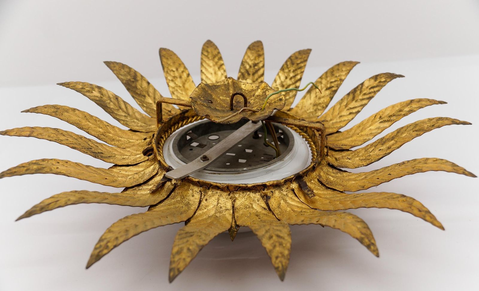 photo for sale Rare Mid Century Modern Sunburst Ceiling Lamp In Metal And Milk Glass 1960 Italy