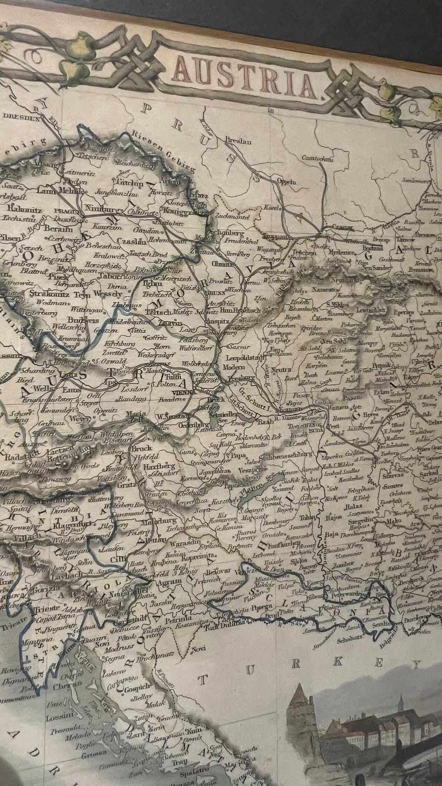 Antique Hand Coloured Austria Picture Map By J. Rapkin 1851, Framed Vintage Wall Art photo vintage