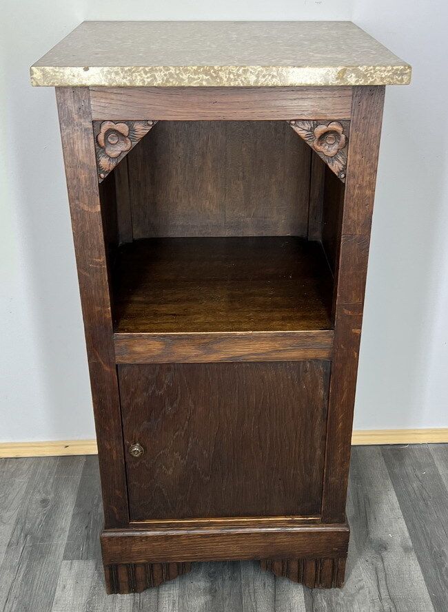 Carved French Antique Bedside Table Cupboard Cabinet With Marble Top (Lot 1342)