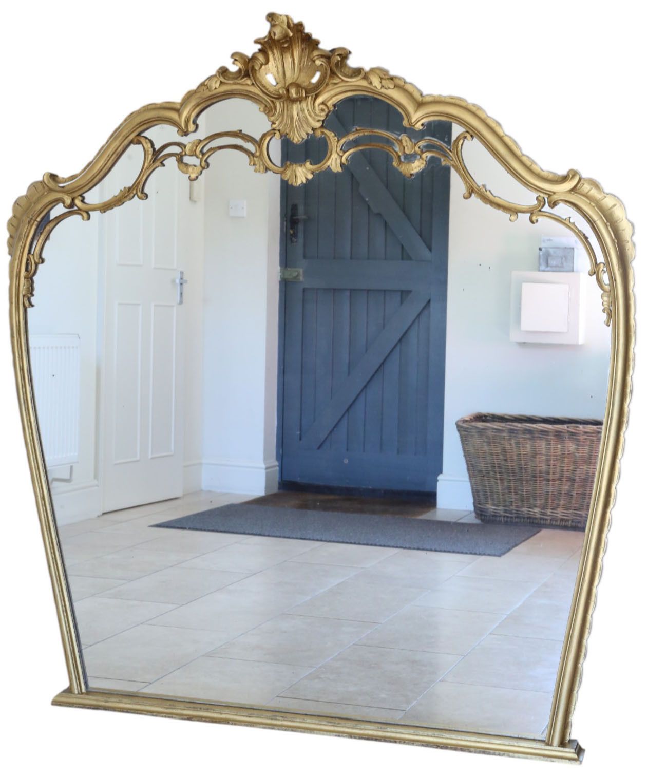 Large C1920 Antique Giltwood Overmantel Wall Mirror – Ornate Gold Frame, Statement Piece
