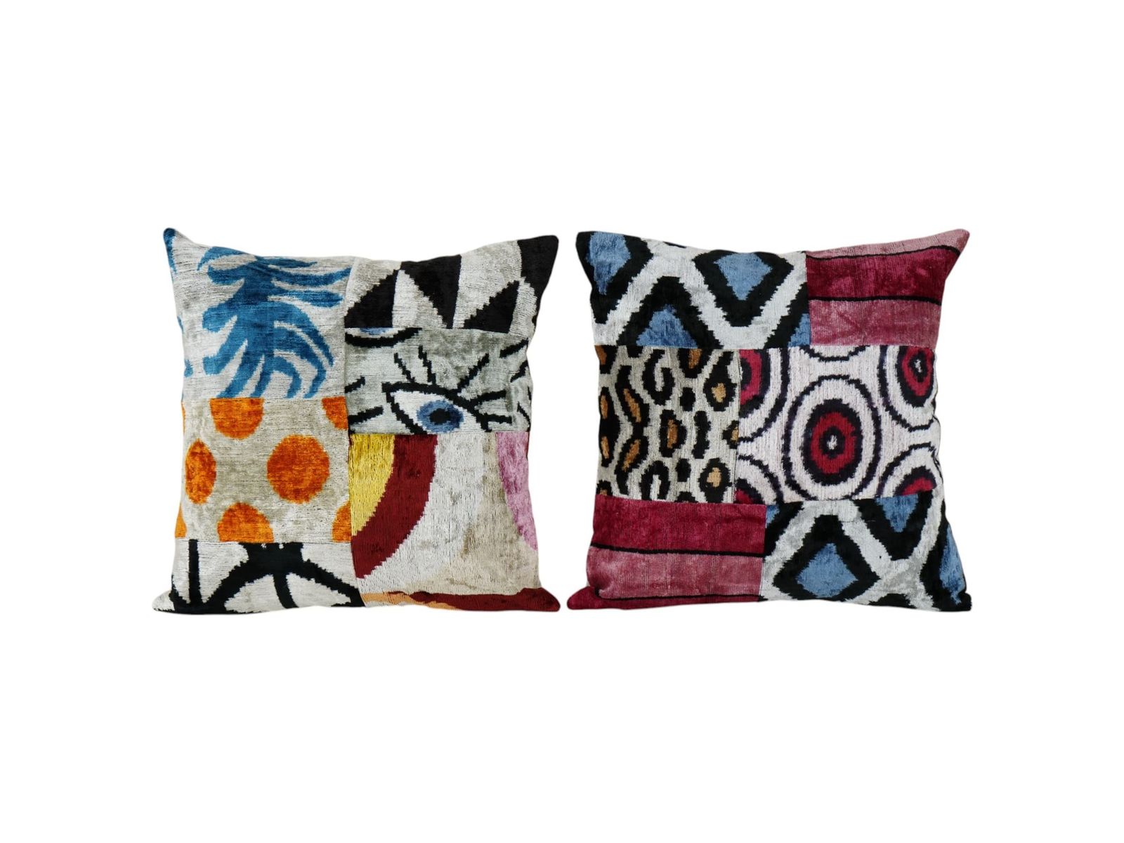 Ikat Velvet Patchwork Pillow   Pair Unusual Silk Uzbek Pillow   Set Of Two Tribal Cushion Cover
