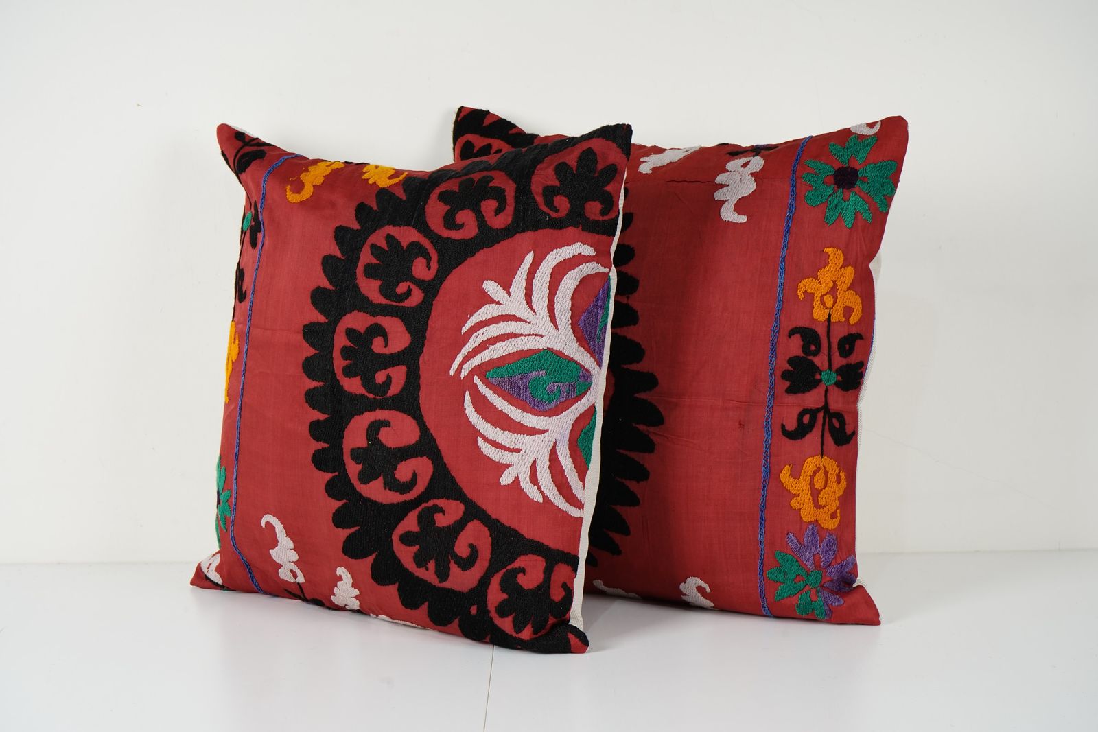 Set Of Two Red And Black Suzani Cushion Cover, Suzani Pillow Case Made From A 19th Century Suzani, Pair Uzbek Cushion Cover photo for sale