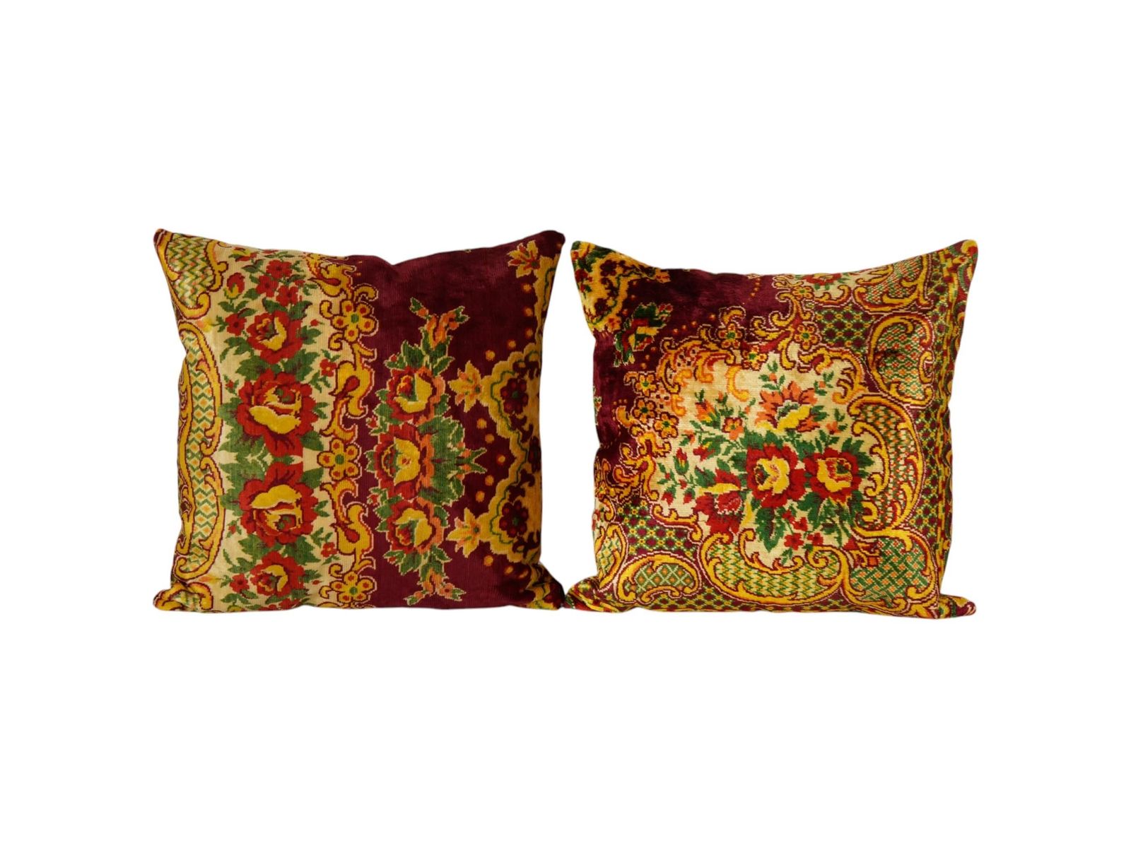 Handmade Vintage Velvet Floral Square Pillow, Set Of Two Red And Yellow Bed Cushion Covers