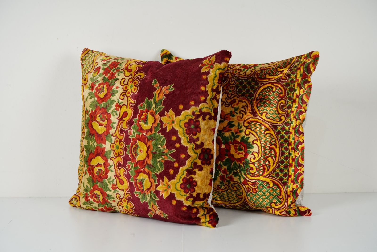 Handmade Vintage Velvet Floral Square Pillow, Set Of Two Red And Yellow Bed Cushion Covers photo for sale