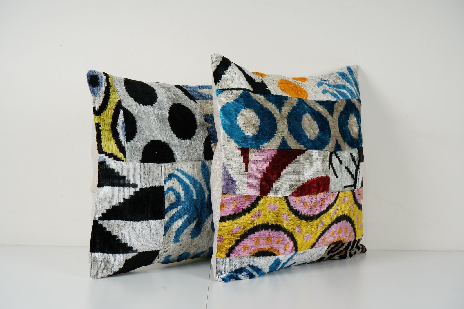 Ikat Velvet Patchwork Pillow   Pair Unusual Silk Uzbek Pillow   Set Of Two Tribal Cushion Cover photo Textiles