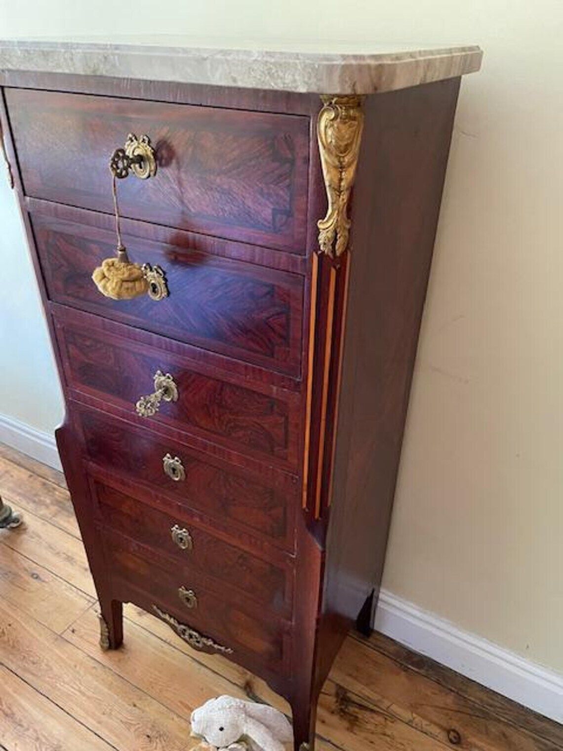Kingwood French Chiffonier Six Drawer Marble Topped Chest Of Drawers