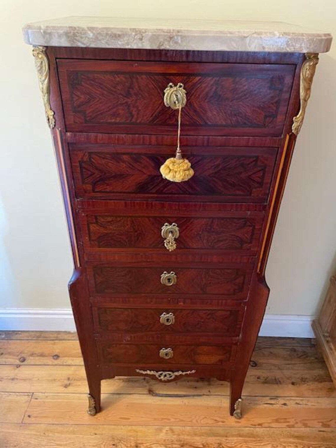 Kingwood French Chiffonier Six Drawer Marble Topped Chest Of Drawers photo vintage