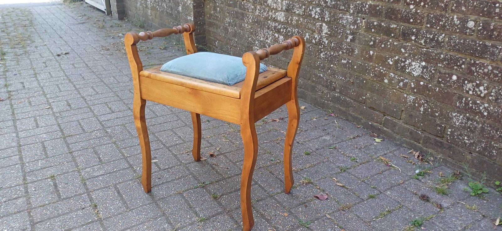 Vintage Mahogany Upholstered Piano Stool Dressing Table Stool Blue Suede Seat Storage Antique Hall Seat Hand Stripped Unique Vanity Seating
