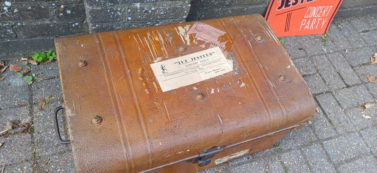 photo furniture Vintage Victorian Industrial Metal Travel Trunk Storage Chest, Riveted Construction & Original Hardware –Quirky Coffee Table 'Jesters' Epson