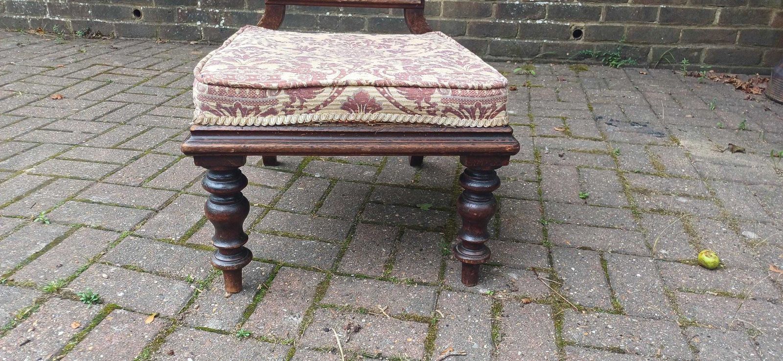 photo for sale Antique Victorian Aesthetic Movement Nursing Chair With Ornate Carved Scrolls & T Shaped Upholstered Back C1870s Mahogany