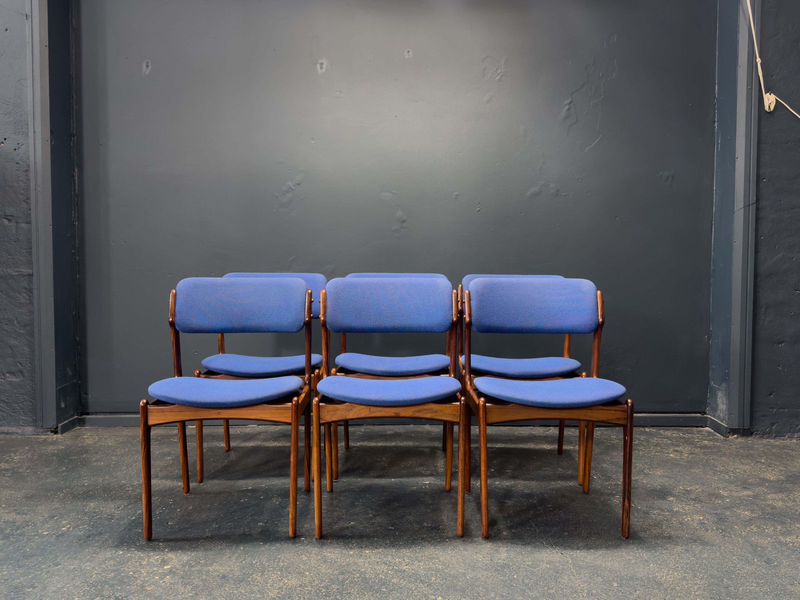 Set Of 6 Erik Buch Model 49 Rosewood And Blue Upholstered Dining Chairs