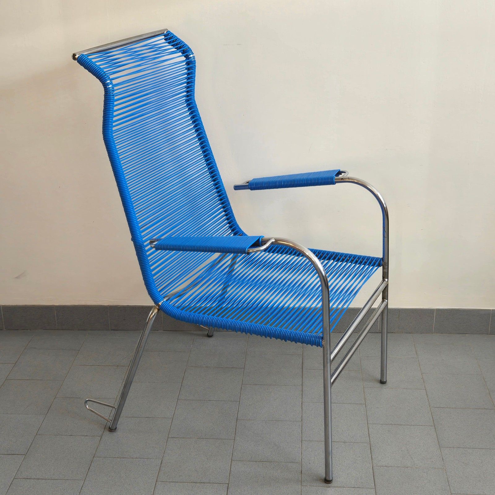 Vintage 1960s Blue Wire & Chrome Steel Scoubidou Armchair 60s Retro 1960s Zazou