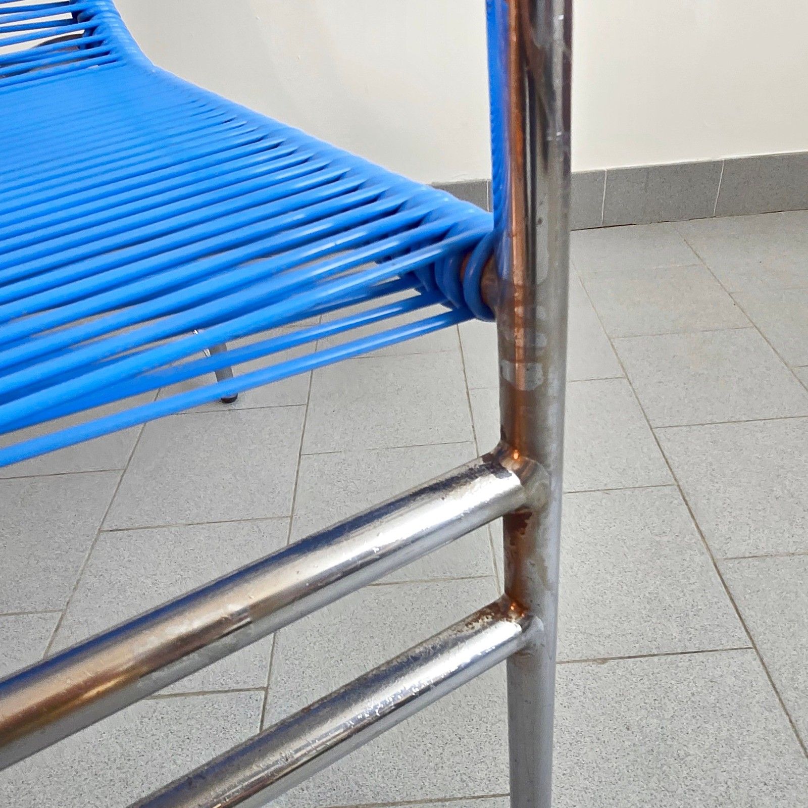 Furniture Vintage 1960s Blue Wire & Chrome Steel Scoubidou Armchair 60s Retro 1960s Zazou photo