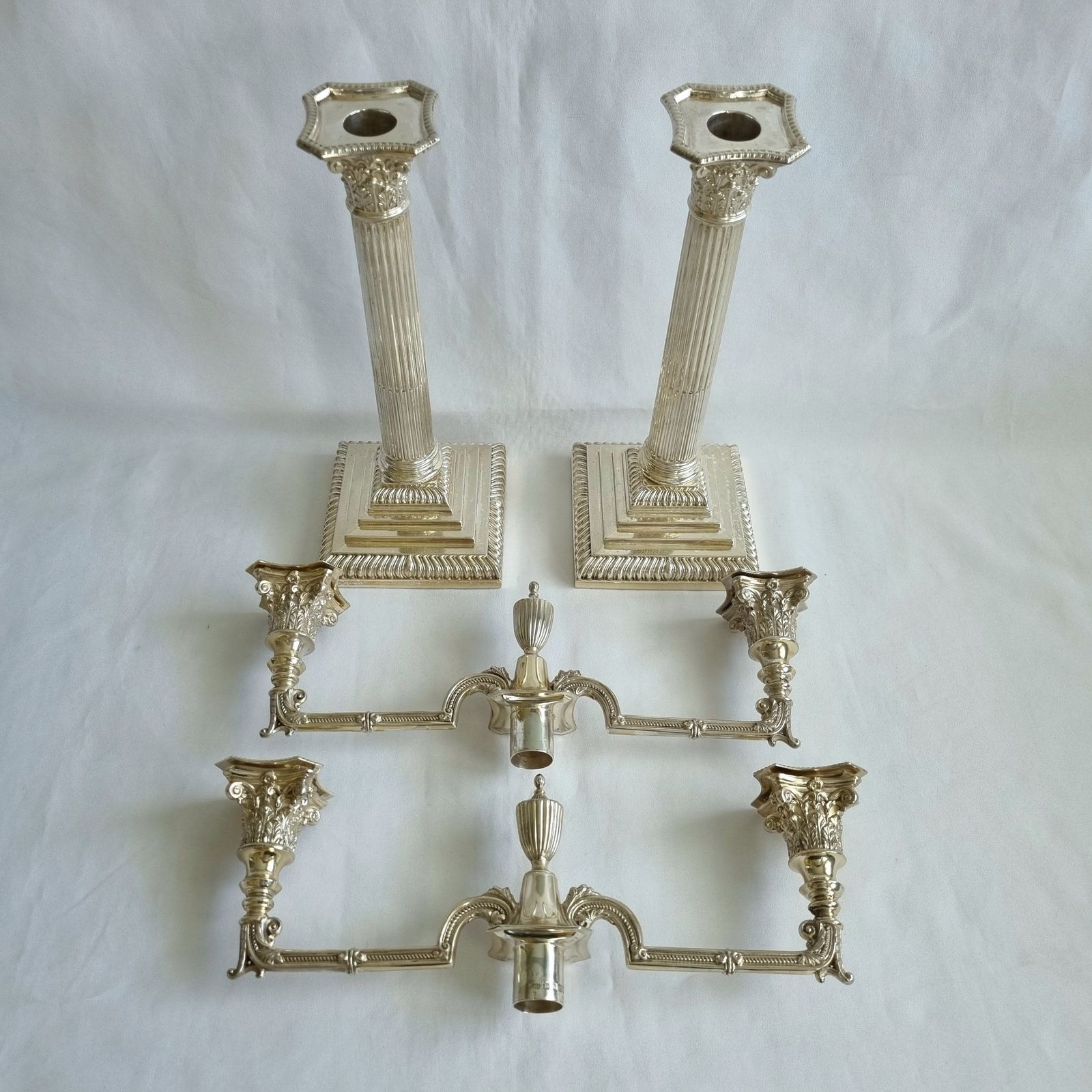 photo for sale A Fine Pair Of Victorian Hallmarked Sterling Silver Metamorphic Two Light Candelabra By James Kebberling Bembridge, Dated 1888.