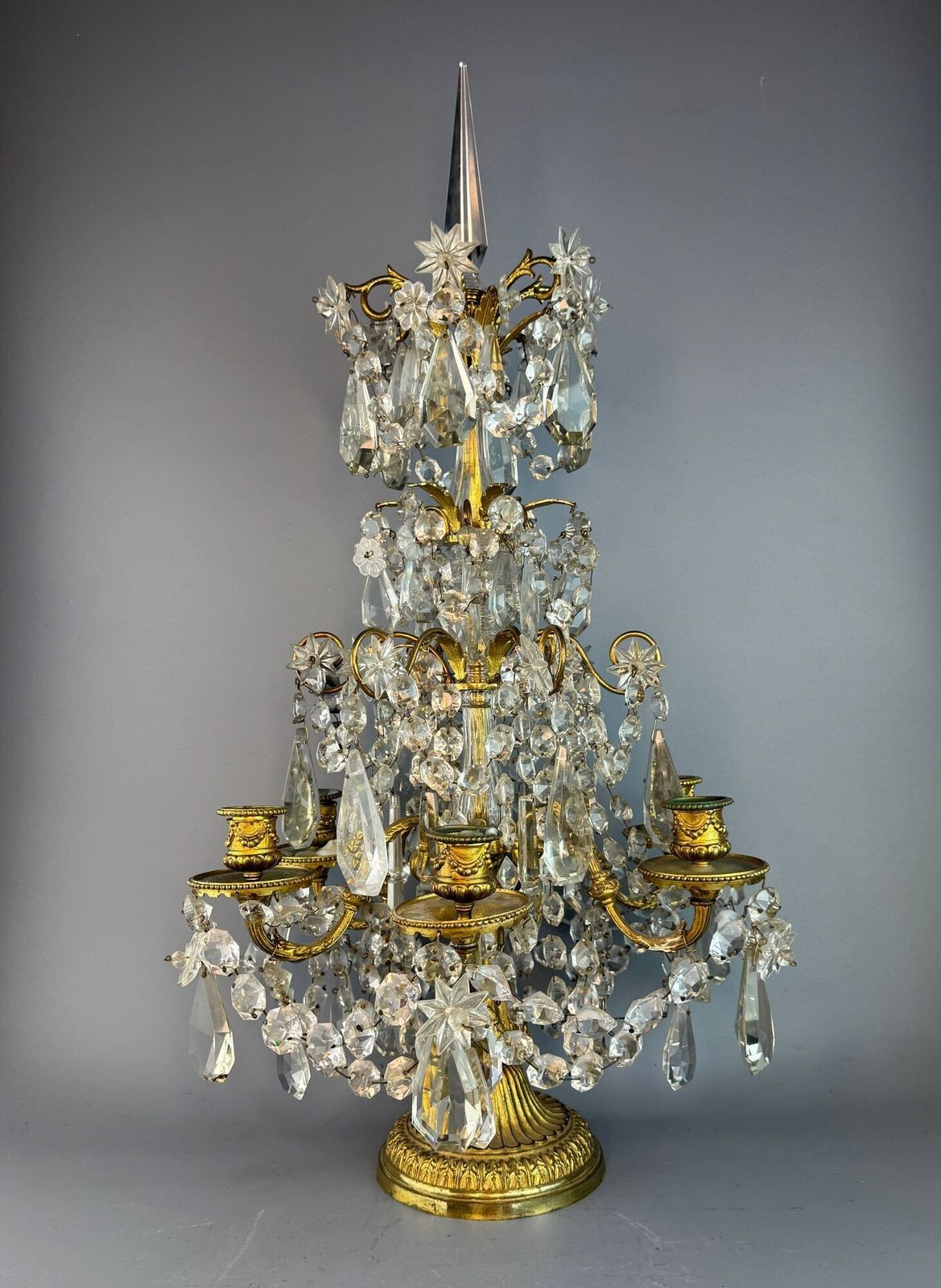Large French Gilt Brass Table Lustre Candelabra Hung With Cut Glass Drops photo for sale